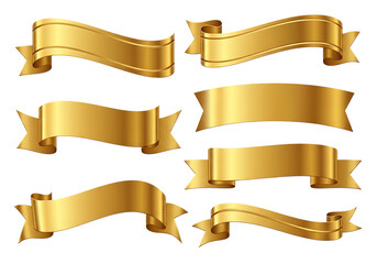 Collection of ornate golden ribbons and banners isolated on transparent background