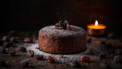 Moody food photography of prune cake with warm candlelight, rustic wooden background, and scattered dried prunes around the cake.