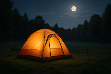 Moonlit Camping: A Cozy Tent Glows in the Night Wilderness.