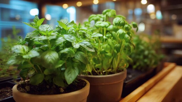 Two potted plants with green leaves sit on a wooden shelf. Closeup of hydroponic mint and basil plants in restaurant kitchen,vertical farming restaurant, fresh natural muted tone