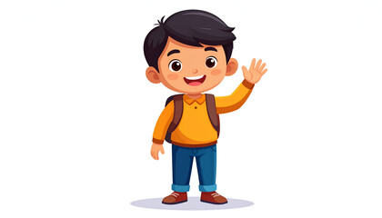 Happy boy waving with school backpack.