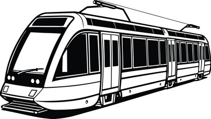 Modern light rail vehicle vector illustration. Black and white line art of an urban electric tram for public transportation, isolated on a white background.