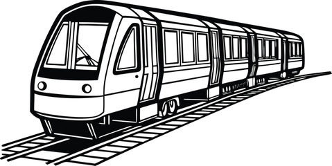 Black and White Illustration of a Modern Metro Train on Tracks Public Transportation Concept 