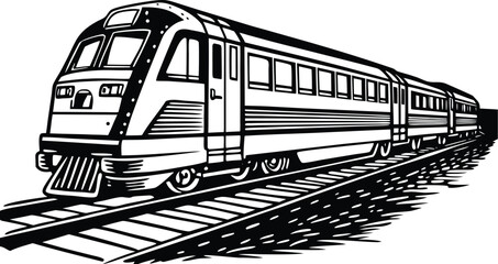 Modern High-Speed Passenger Train on Tracks - Black and White Vector Illustration