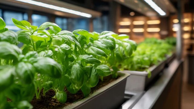 A row of potted plants with green leaves. The plants are in a greenhouse. Closeup hydroponic basil plants growing in restaurant kitchen setup, vertical farming restaurant, clean muted natural tone