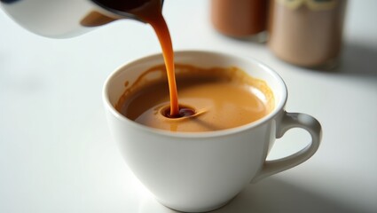 Espresso being poured into a white coffee cup, creating a rich, golden-brown liquid design.