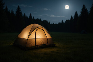 Illuminated Tent Under Moonlight in a Forest Clearing at Night