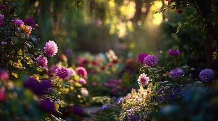 Obraz premium A lush garden filled with vibrant flowers bathed in warm summer sunlight, creating a dreamy atmosphere.