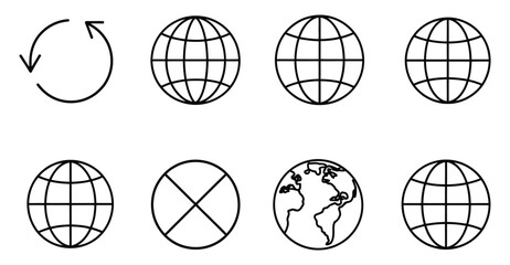 Illustration of globes and rotation symbol, representing global connectivity, worldwide communication, and geographical concepts with grid lines and continental outlines