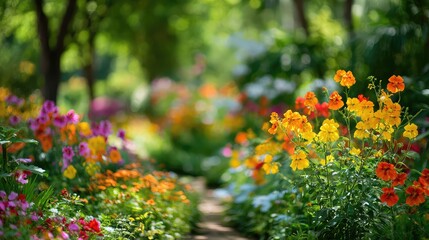 Obraz premium A lush garden filled with vibrant flowers bathed in warm summer sunlight, creating a dreamy atmosphere.