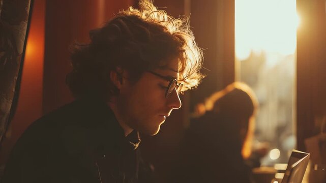 Man wearing glasses sits calm, lost in thought. Young introvert thinker gazes down like reader dreaming. Student holds relaxed posture, mind adrift. Calm dreamer, focused young soul, introvert heart.