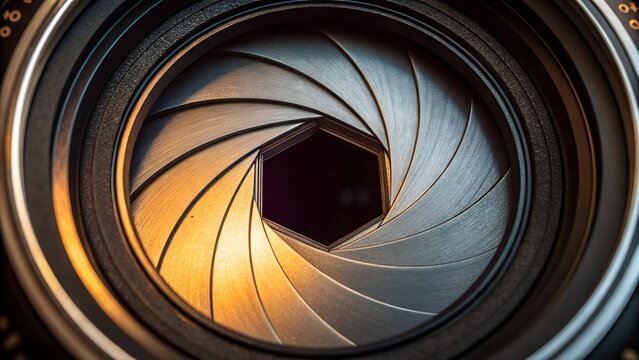 Close up of a camera lens aperture blades