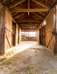 Empty wooden barn interior with open doors, sunlit floor, and hay bales in the background