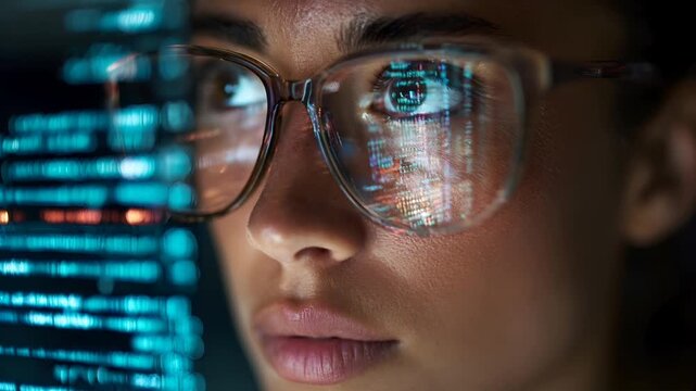 Hispanic woman watching screen with digital reflection in eyeglasses