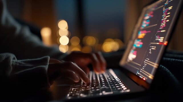 Coder typing on laptop keyboard in night workspace. Programmer works with code on screen. Laptop and keyboard glow in dark. Focus on code, typing and screen. Programmer workspace at night.