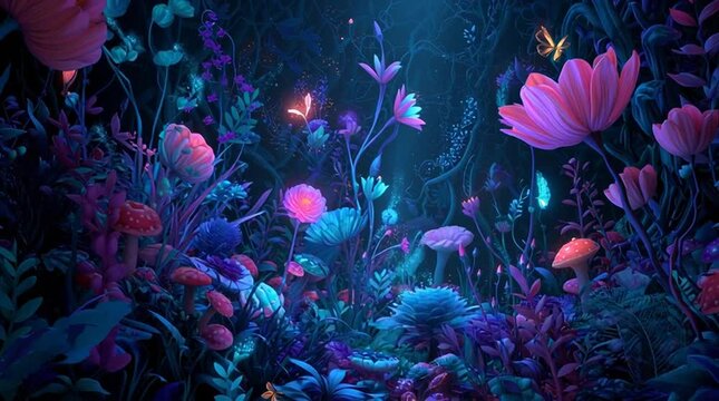 Abstract glowing bioluminescent alice in wonderland background with surreal luminous plants and magical atmosphere