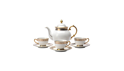 Traditional porcelain tea set with white teapot and matching cups, placed separately on a separate table on a white background