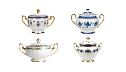 Porcelain teacup with gold rimmed saucer and teapot on white background