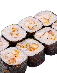 Delicious sushi rolls filled with tender chicken displayed on a white plate