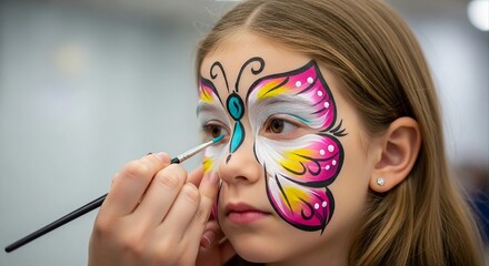 Girl with Butterfly Face Paint Being Applied | Close Up of Child Getting Colorful Face Painting Design for Parties and Celebrations