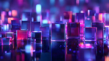 Abstract geometric shapes in glowing magenta and blue with smooth reflections in a futuristic symmetrical digital pattern