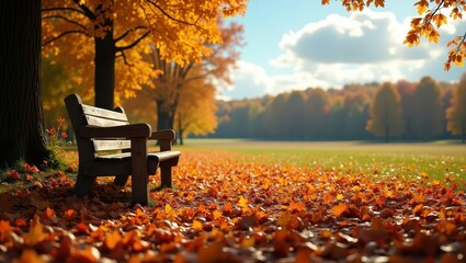 Peaceful autumn scene featuring a park bench amidst a blanket of fallen leaves, bathed in warm sunlight.
