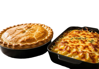 Chicken pot pie, flaky, bubbling; cheesy gratin, browned Gruyere, ceramic dishes, rustic wood, soft light, blurred kitchen. Appetizing rustic food concept