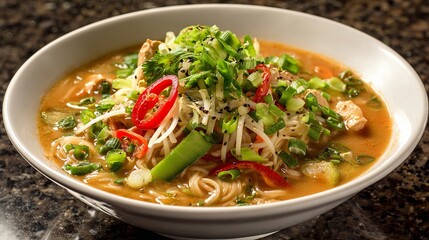 Steaming bowl of delicious Asian noodle soup with fresh herbs and chili peppers, a flavorful culinary delight
