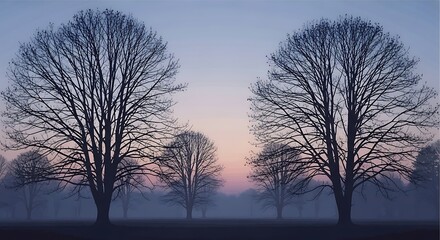 Ethereal Winter Dawn: Bare Trees Silhouetted in Misty Field at Sunrise