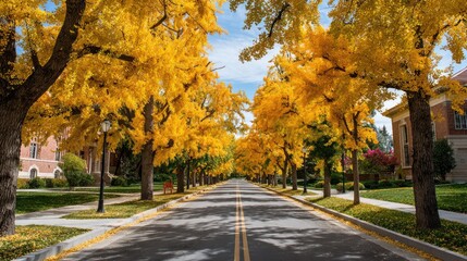 Fototapeta premium Autumn scenic drive through golden ginkgo trees urban street nature photography picturesque environment daylight viewpoint seasonal beauty