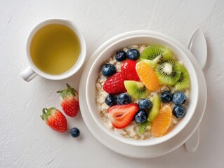 Healthy breakfast bowl with fruits and herbal tea kitchen table food photography bright lighting close-up healthy eating concept