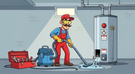 Cartoon Plumber Cleaning Water Heater Leak