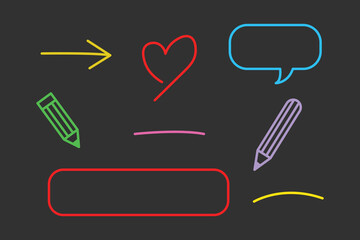 Set of arrow lines, speech bubbles, pencil highlighter and textured brush icons with cartoon heart shape, chalkboard frame sketch, vector illustration.