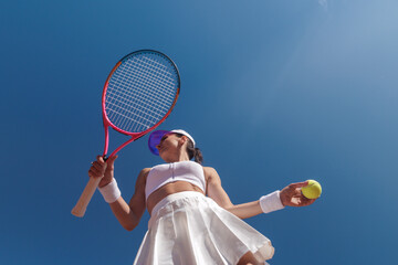 Low angle woman tennis player with racket and ball against blue sky