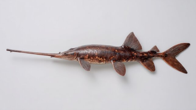 A detailed side view of a paddlefish with its distinctive long, paddle-like snout against a plain background.