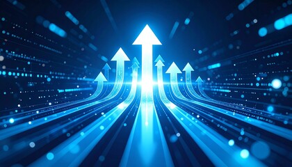 Futuristic financial growth concept, 3D arrows pointing upward with glowing digital background