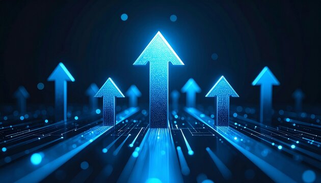 Futuristic financial growth concept, 3D arrows pointing upward with glowing digital background