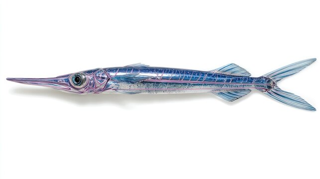 Close-up studio shot of a vibrant blue and silver needlefish with a long snout on a white background.