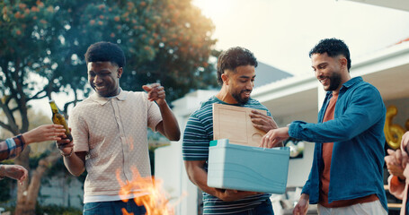 BBQ, beers and cooler box with men in backyard of home together for reunion or social gathering. Drinks, fire and new year celebration with group of happy friends outdoor in garden of apartment
