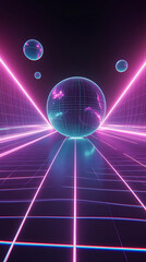 Futuristic Neon Grid with Glowing Digital Spheres in Retro Style Background,generative ai