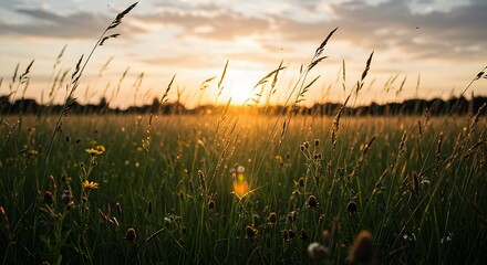 Fototapeta premium Meadow Grass at Sunset with Warm Light and Cloudy Sky