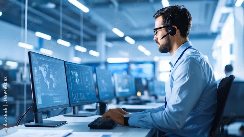 Aufkleber security analyst working at computer monitor in control room with data processing.