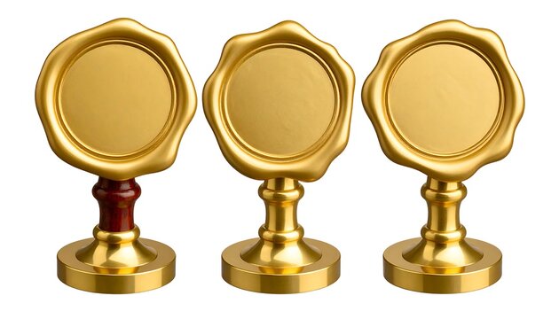 Three golden seals with varying bases on white background