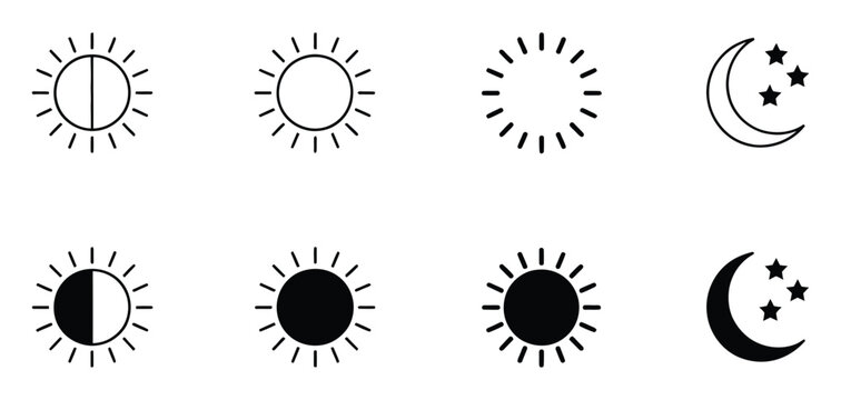 Vector art of day and night mode icons, featuring sun, moon, and stars, representing light and dark themes for user interface design and customization