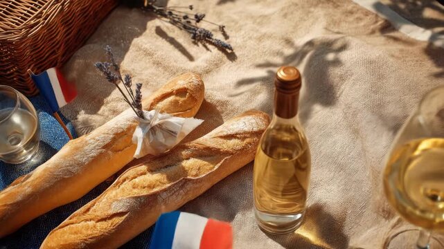 A picnic scene shows baguettes, French flags, wine, and lavender, alongside a woven basket and bottle on a patterned cloth in sunlight