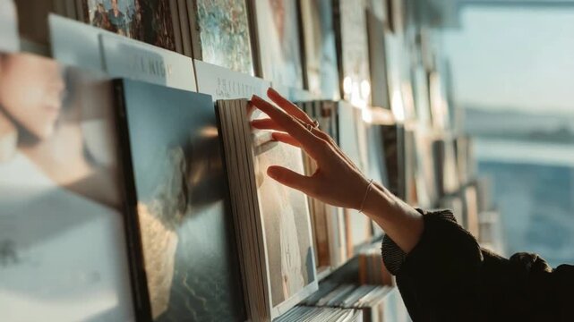 A Touch of Culture: A hand delicately browses a collection of records. The image evokes the passion for music and tangible form.