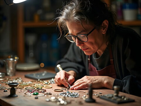 Elderly woman creating handmade jewelry at workbench indoors