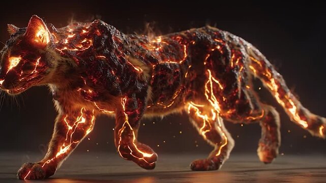 A cat with a body glowing like molten lava, cracks of fiery light running across its fur, and bright, piercing eyes.