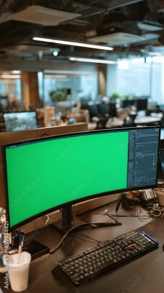 Poster curved monitor at office: a modern workspace features a large curved monitor with a blank screen, of
