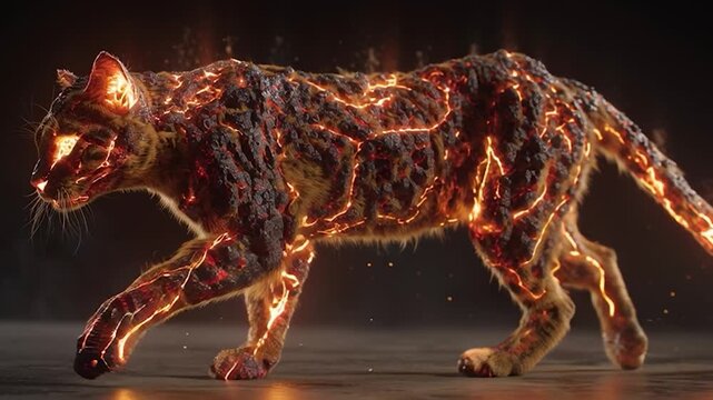 A cat with a body glowing like molten lava, cracks of fiery light running across its fur, and bright, piercing eyes.